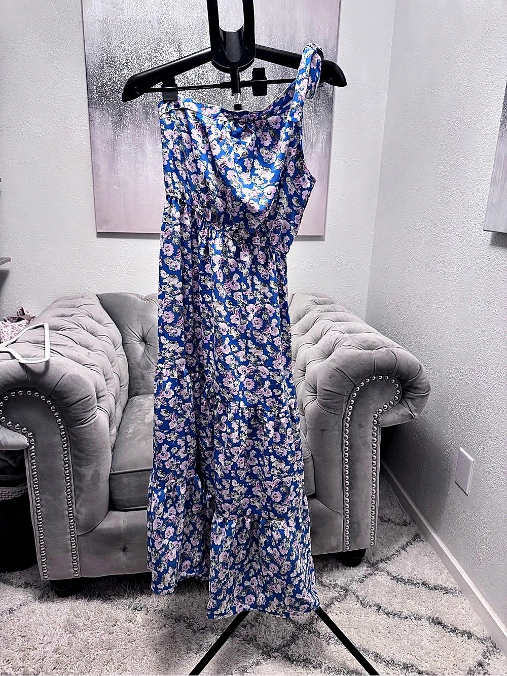 PrettyGarden Floral Maxi Dress in Blue & Pink Size Small One Shoulder